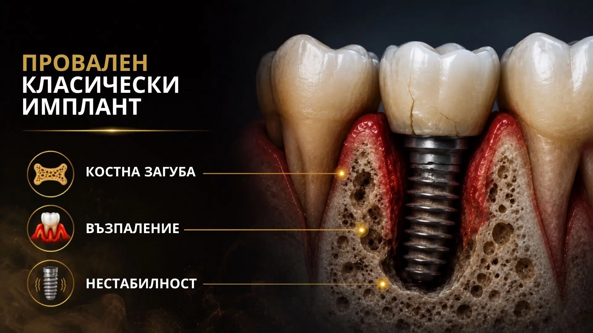 Провален класически имплант и възможност за лечение с базални импланти